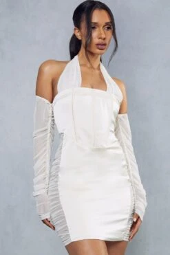 Premium Satin Corseted Mesh Insert Halterneck Dress