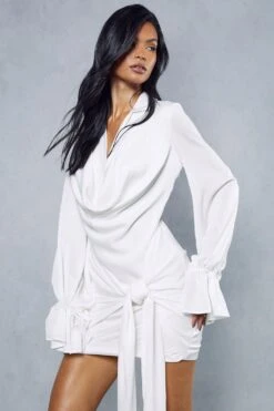 Satin Draped Plunge Collared Mini Dress -Cheap Dress Store ivory satin draped plunge collared mini dress 5