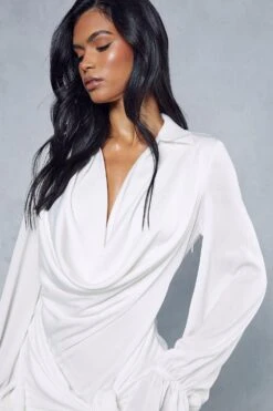 Satin Draped Plunge Collared Mini Dress -Cheap Dress Store ivory satin draped plunge collared mini dress 6