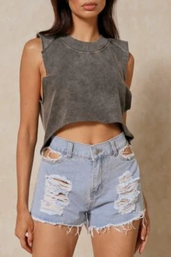 Distressed Cut Out Denim Shorts -Cheap Dress Store light wash distressed cut out denim shorts 4
