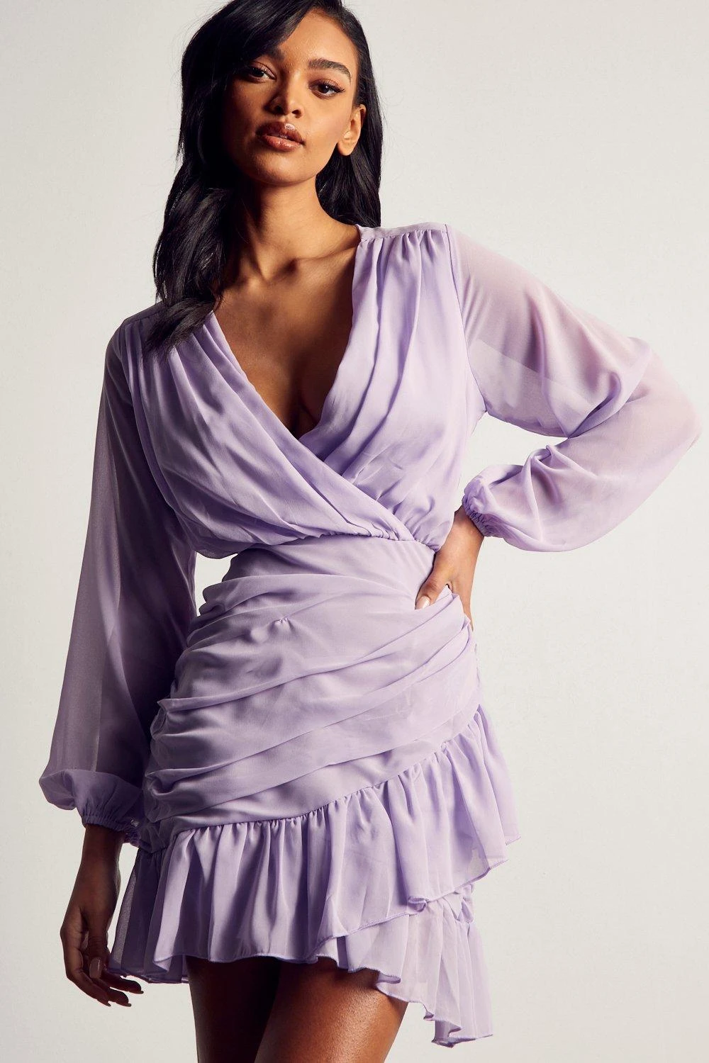 Chiffon Ruched Frill Detail Mini Dress 1 Chiffon Ruched Frill Detail Mini Dress