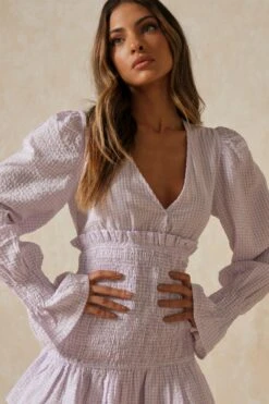 Gingham Shirred Waist Mini Dress -Cheap Dress Store lilac gingham shirred waist mini dress 2