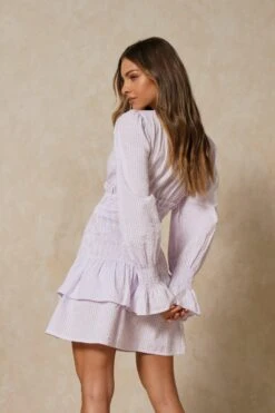 Gingham Shirred Waist Mini Dress -Cheap Dress Store lilac gingham shirred waist mini dress 3