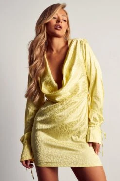 Satin Jacquard Cowl Neck Mini Dress -Cheap Dress Store lime satin jacquard cowl neck mini dress 4