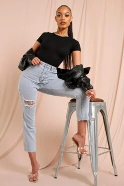 Knee Rip Distressed Straight Leg Jean 6 Knee Rip Distressed Straight Leg Jean -Cheap Dress Store mid blue knee rip distressed straight leg jean 2