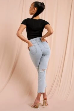 Knee Rip Distressed Straight Leg Jean 7 Knee Rip Distressed Straight Leg Jean -Cheap Dress Store mid blue knee rip distressed straight leg jean 3