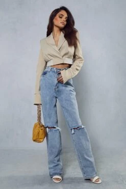 High Waisted Distressed Straight Leg Jean