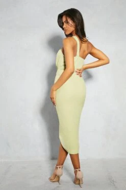 Linen Twist Asymmetric Neckline Ruched Midi Dress -Cheap Dress Store mint linen twist asymmetric neckline ruched midi dress 2