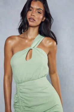 Linen Twist Asymmetric Neckline Ruched Midi Dress -Cheap Dress Store mint linen twist asymmetric neckline ruched midi dress 5