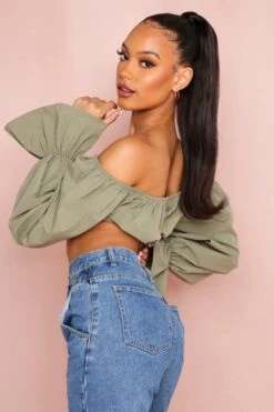 Bardot Long Sleeve Puff Sleeve Crop Top -Cheap Dress Store olive bardot long sleeve puff sleeve crop top 2