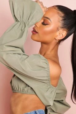 Bardot Long Sleeve Puff Sleeve Crop Top -Cheap Dress Store olive bardot long sleeve puff sleeve crop top 3