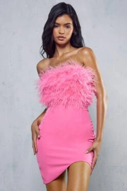 Curved Hem Feather Mini Dress