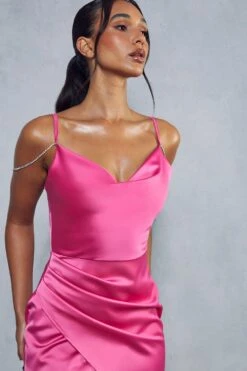 Cheap Dress Store -Cheap Dress Store pink premium satin diamante strap split leg maxi dress 1