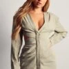 Linen Look Cut Out Shoulder Pad Dress