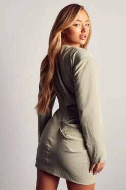 Linen Look Cut Out Shoulder Pad Dress -Cheap Dress Store sage linen look cut out shoulder pad dress 2