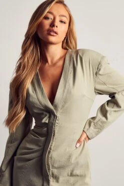 Linen Look Cut Out Shoulder Pad Dress -Cheap Dress Store sage linen look cut out shoulder pad dress 4