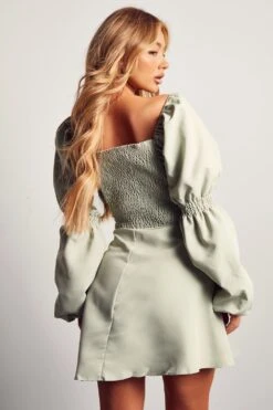 Poplin Ruched Front Long Sleeve Dress 7 Poplin Ruched Front Long Sleeve Dress -Cheap Dress Store sage poplin ruched front long sleeve dress 2