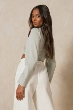 Ruched Balloon Sleeve High Neck Crop Top -Cheap Dress Store sage ruched balloon sleeve high neck crop top 2