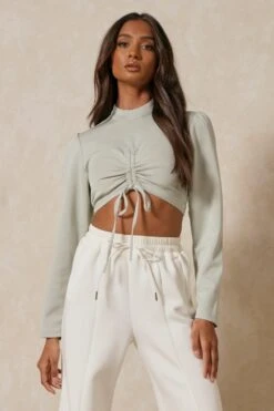 Ruched Balloon Sleeve High Neck Crop Top