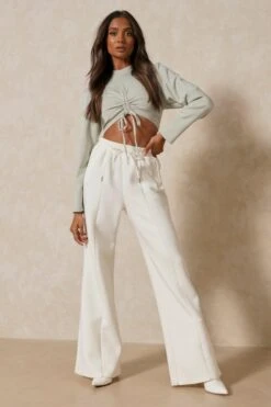 Ruched Balloon Sleeve High Neck Crop Top -Cheap Dress Store sage ruched balloon sleeve high neck crop top 3