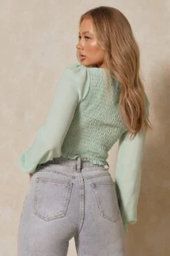 Square Neck Ruched Frill Sleeve Top 7 Square Neck Ruched Frill Sleeve Top -Cheap Dress Store sage square neck ruched frill sleeve top 2