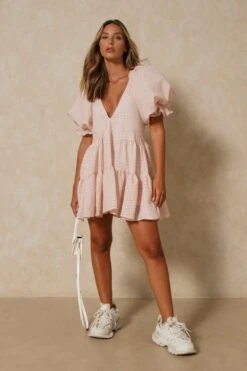 Check Extreme Puff Sleeve Smock Dess