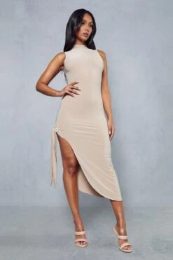 Double Layer Slinky Backless Cut Out Midi Dress