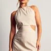Linen Look Halterneck Strappy Back Mini Dress