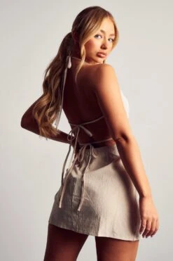 Linen Look Halterneck Strappy Back Mini Dress -Cheap Dress Store stone linen look halterneck strappy back mini dress 2