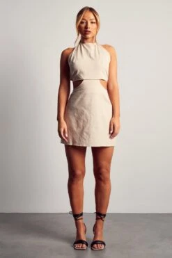 Linen Look Halterneck Strappy Back Mini Dress -Cheap Dress Store stone linen look halterneck strappy back mini dress 3