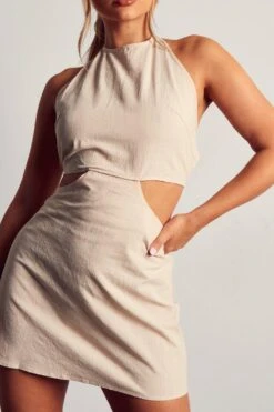 Linen Look Halterneck Strappy Back Mini Dress -Cheap Dress Store stone linen look halterneck strappy back mini dress 4