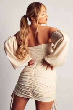 Linen Look Puff Sleeve Ruched Detail Mini Dress -Cheap Dress Store stone linen look puff sleeve ruched detail mini dress 2