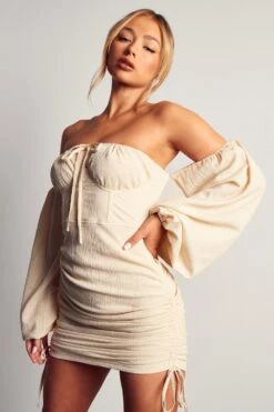 Linen Look Puff Sleeve Ruched Detail Mini Dress