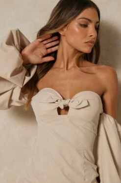 Poplin Tie Front Puff Sleeve Mini Dress -Cheap Dress Store stone poplin tie front puff sleeve mini dress 3