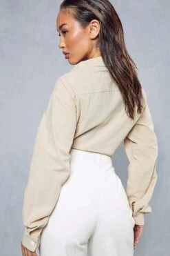 Textured Linen Look Oversized Tie Shirt -Cheap Dress Store stone textured linen look oversized tie shirt 2