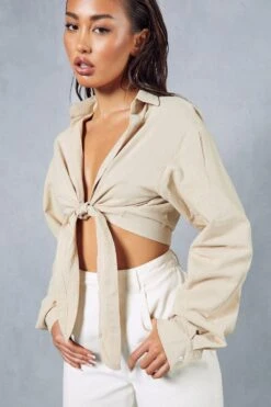 Textured Linen Look Oversized Tie Shirt