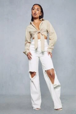 Textured Linen Look Oversized Tie Shirt -Cheap Dress Store stone textured linen look oversized tie shirt 3