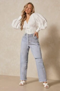 Balloon Sleeve Corset Detail Bodysuit 7 Balloon Sleeve Corset Detail Bodysuit -Cheap Dress Store white balloon sleeve corset detail bodysuit 3