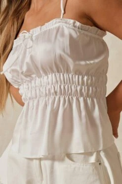 Satin Tie Shoulder Ruched Cami Top -Cheap Dress Store white satin tie shoulder ruched cami top 5